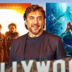 Javier Bardem with Dune: Part Two and The Little Mermaid posters.