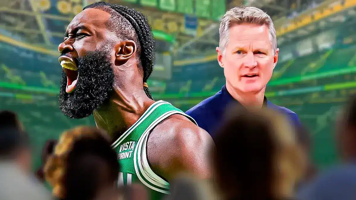 Celtics Jaylen Brown next to Warriors Steve Kerr at TD Garden