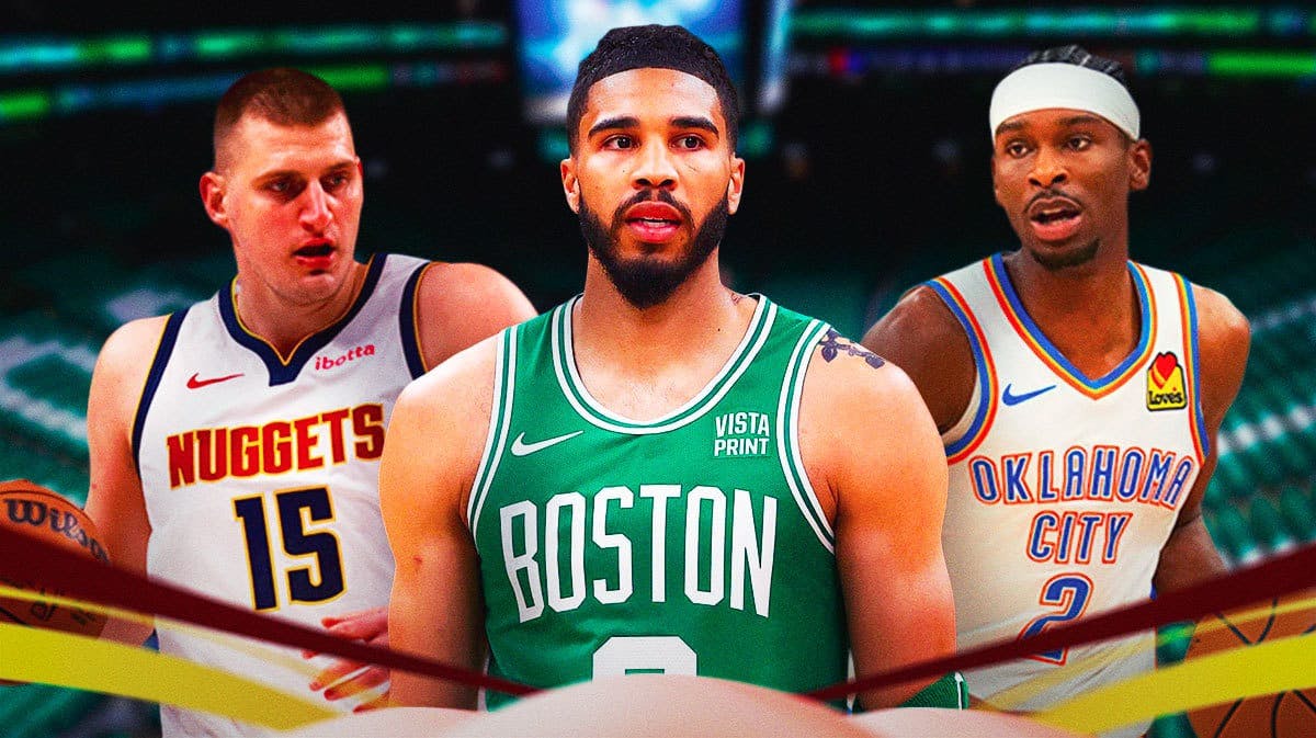 NBA MVP candidate Jayson Tatum standing in the middle between Nikola Jokic (can be on left) and Shai Gilgeous-Alexander (he can be on right). Can just be on a generic basketball court or nba background
