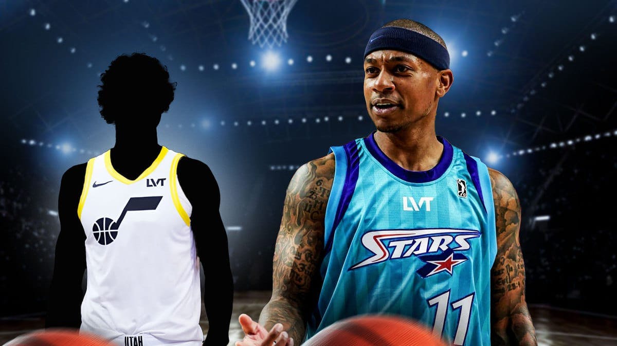 Isaiah Thomas in a Salt Lake City Stars jersey looking at a silhouette of a player in a Jazz uniform