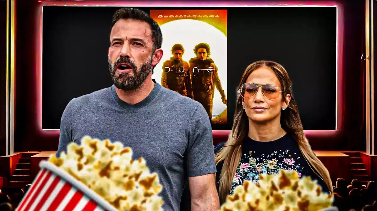 Dune 2 poster on movie theater screen with Ben Affleck, Jennifer Lopez, and popcorn.