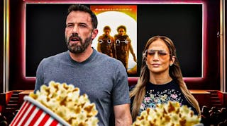 Dune 2 poster on movie theater screen with Ben Affleck, Jennifer Lopez, and popcorn.