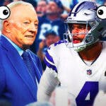 Jerry Jones and Dak Prescott on one side, a bunch of Dallas Cowboys fans on the other side with the big eyes emoji over their faces