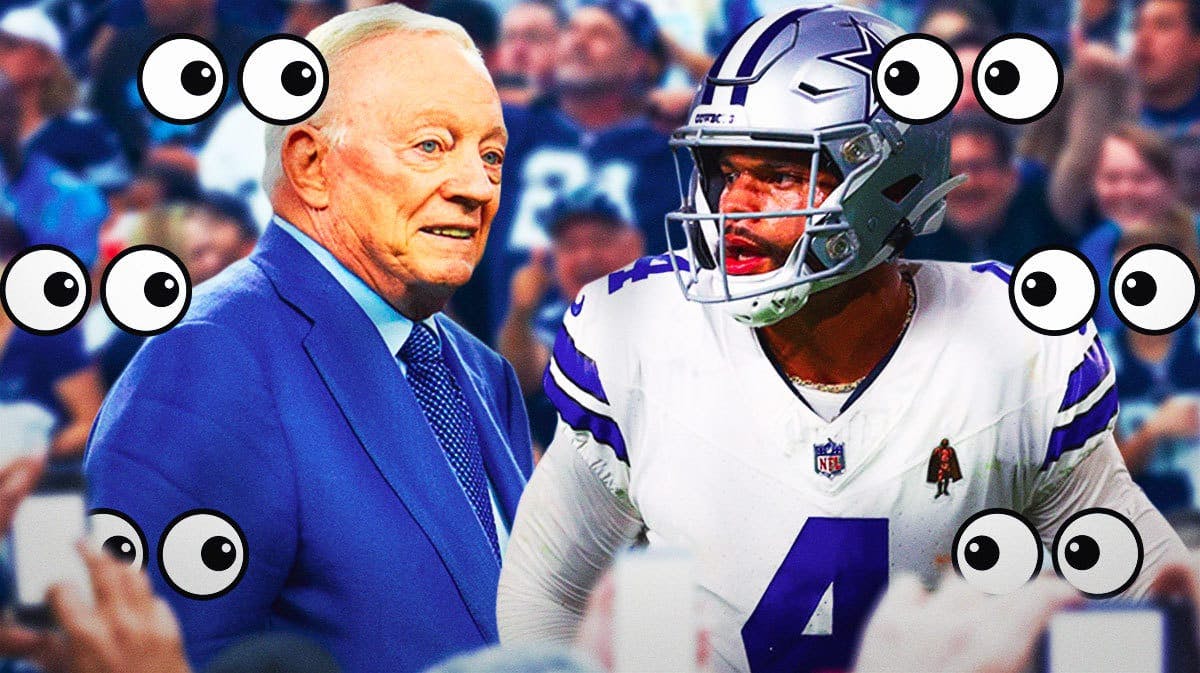 Jerry Jones and Dak Prescott on one side, a bunch of Dallas Cowboys fans on the other side with the big eyes emoji over their faces