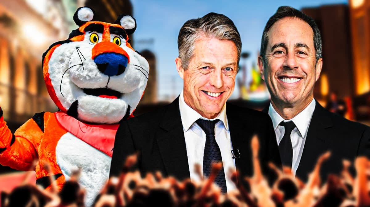 Tony the Tiger next to Unfrosted: The Pop-Tart Story stars Hugh Grant and Jerry Seinfeld.