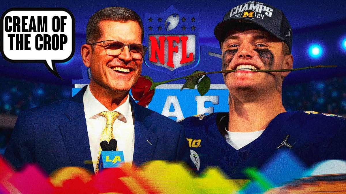 Photo: Jim Harbaugh saying “Cream of the crop” with heart eyes looking at JJ McCarthy in Michigan jersey in action, 2024 NFL Draft logo in background.