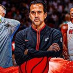 Miami Heat head coach Erik Spoelstra, star Jimmy Butler, and Golden State Warriors head coach Steve Kerr in front of the Kaseya Center.