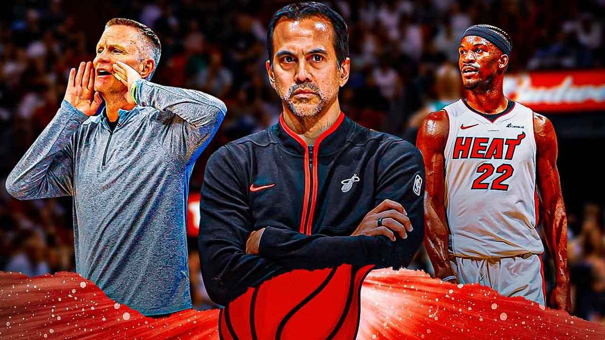 Miami Heat head coach Erik Spoelstra, star Jimmy Butler, and Golden State Warriors head coach Steve Kerr in front of the Kaseya Center.