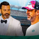 Jimmy Kimmel continues his feud with Jets quarterback Aaron Rodgers, floating a conspiracy theory about him on his show.