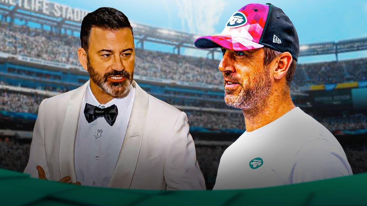 Jimmy Kimmel continues his feud with Jets quarterback Aaron Rodgers, floating a conspiracy theory about him on his show.