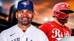 Joey Votto in a Blue Jays uniform smiling on left. Joey Votto in a Reds uniform looking sad on right.