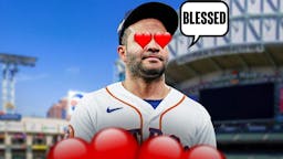 Photo: Jose Altuve saying “Blessed” with heart eyes in Astros jersey, Minute Maid Park in the background