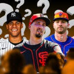 Gerrit Cole, Juan Soto, Blake Snell (Giants), Pete Alonso, Alex Bregman all together with question marks around them.