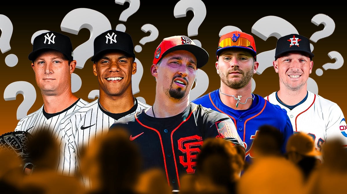 Gerrit Cole, Juan Soto, Blake Snell (Giants), Pete Alonso, Alex Bregman all together with question marks around them.