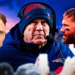 Julian Edelman saying "stop lying" toward Wes Welker with Bill Belichick in the middle.