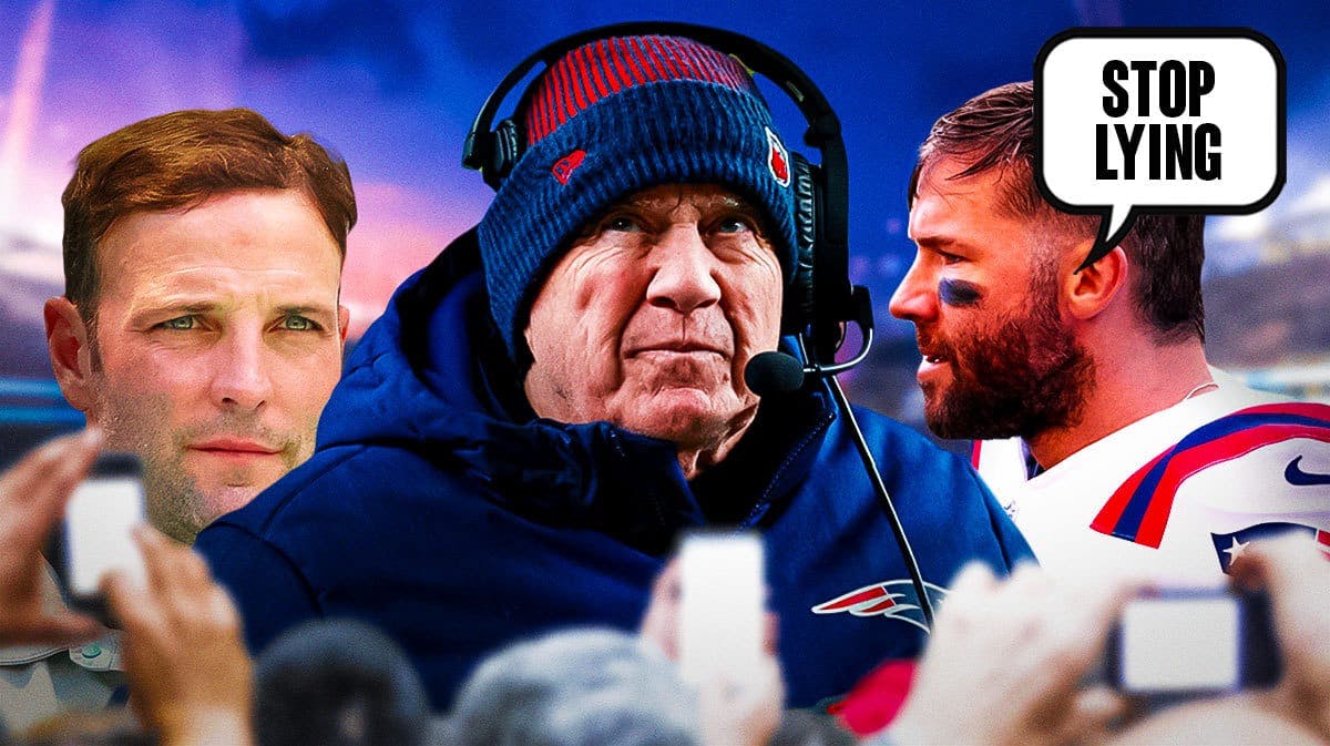 Julian Edelman saying "stop lying" toward Wes Welker with Bill Belichick in the middle.