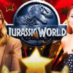 Scarlett Johansson and Jennifer Lawrence in front of Jurassic World logo.