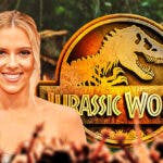 Scarlett Johansson and Jurassic World logo with Jurassic Park background.