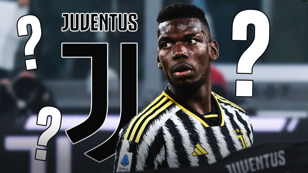 Paul Pogba in front of the Juventus logo, questionmarks in the air