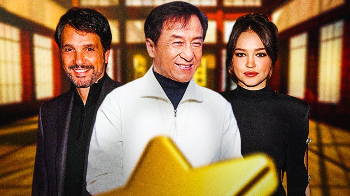 Karate Kid stars Ralph Macchio and Jackie Chan with Cruel Summer star Sadie Stanley and dojo background.