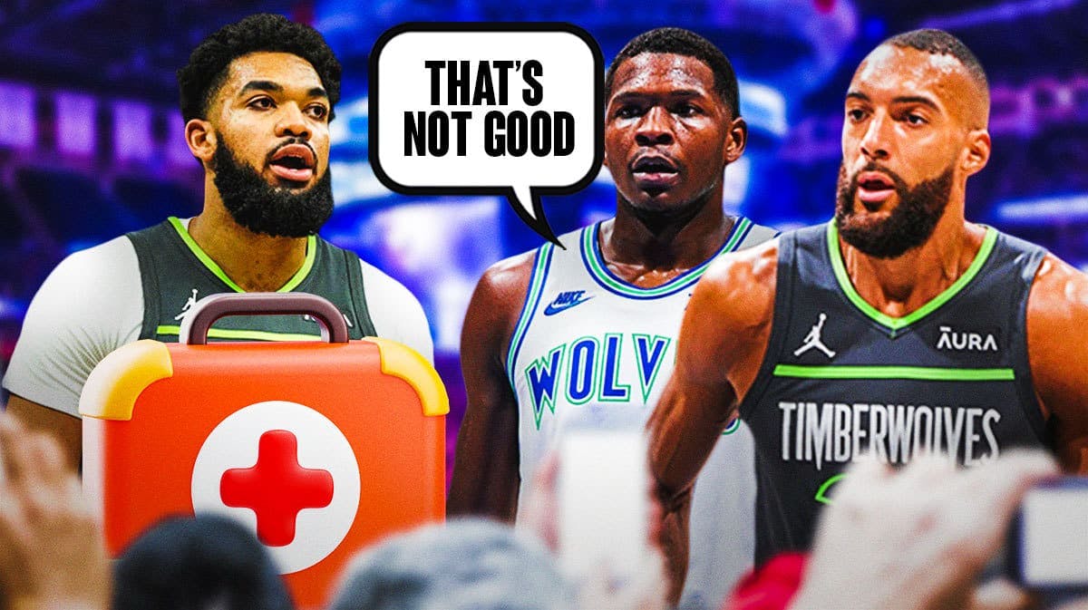 Karl-Anthony Towns on one side with an injury kit in front of him, Anthony Edwards and Rudy Gobert on the other side with a speech bubble that says “That’s not good”