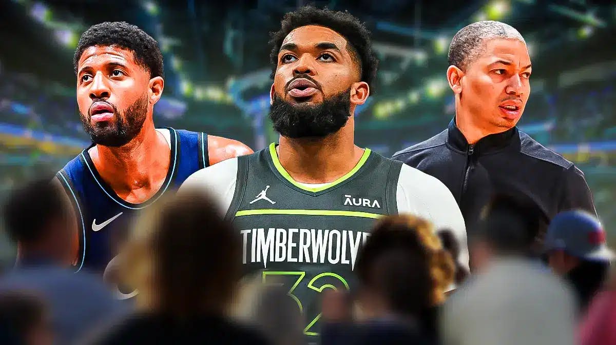 Karl-Anthony Towns front and center, Paul George on the left and Ty Lue on the right. Target Center at the background.