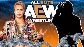 Kazuchika Okada opposite the blacked-out silhouette of Lance Archer with the AEW logo as the background.
