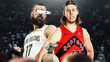 Kelly Olynyk holding a bag of cash. Pelicans' Jonas Valanciunas with his eyes popping out