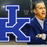 Kentucky basketball coach John Calipari stands next to logo after Oakland March Madness loss, College Basketball Transfer Portals reporters stand by