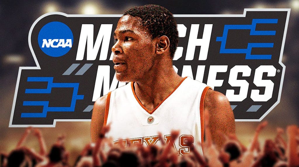 Kevin Durant at Texas with March Madness logo. Kevin Durant iconic moments