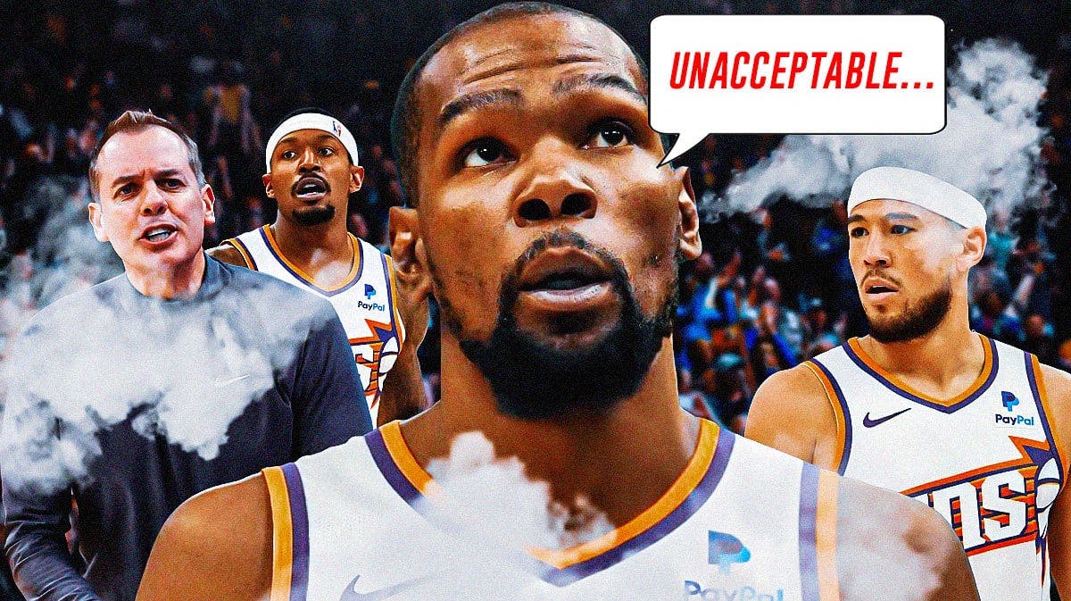 Suns' Kevin Durant saying, "Unacceptable" next to Devin Booker, Bradley Beal and Frank Vogel