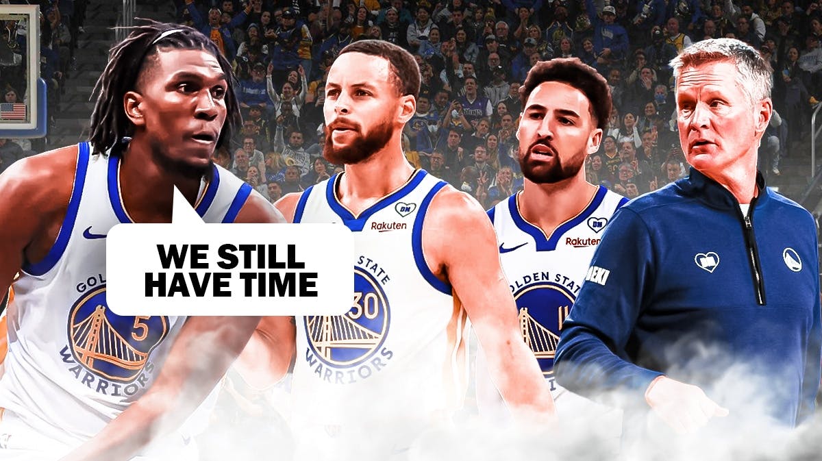 Warriors' Kevon Looney saying "We still have time" next to Stephen Curry, Klay Thompson, and Steve Kerr