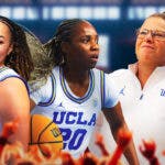 UCLA women’s basketball players Kiki Rice and Charisma Osborne, with UCLA women’s basketball coach Cori Close