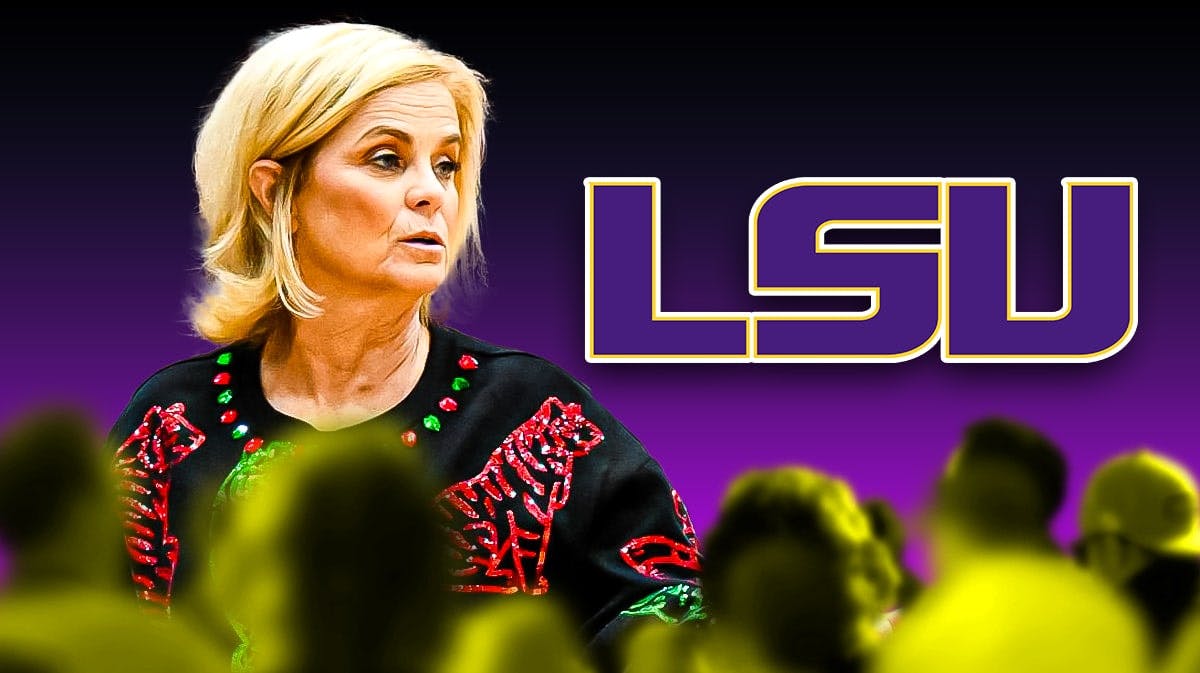 Kim Mulkey with the LSU Tigers logo in the background, March Madness