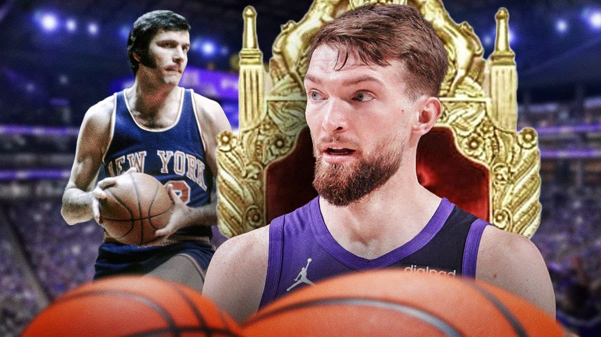 Kings' Domantas Sabonis sitting on a throne as a king, with Jerry Lucas (1968 version) looking at Sabonis