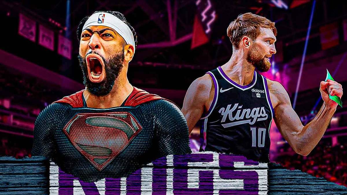 Kings' Domantas Sabonis holding Kryptonite, with Lakers' Anthony Davis as Superman looking weak