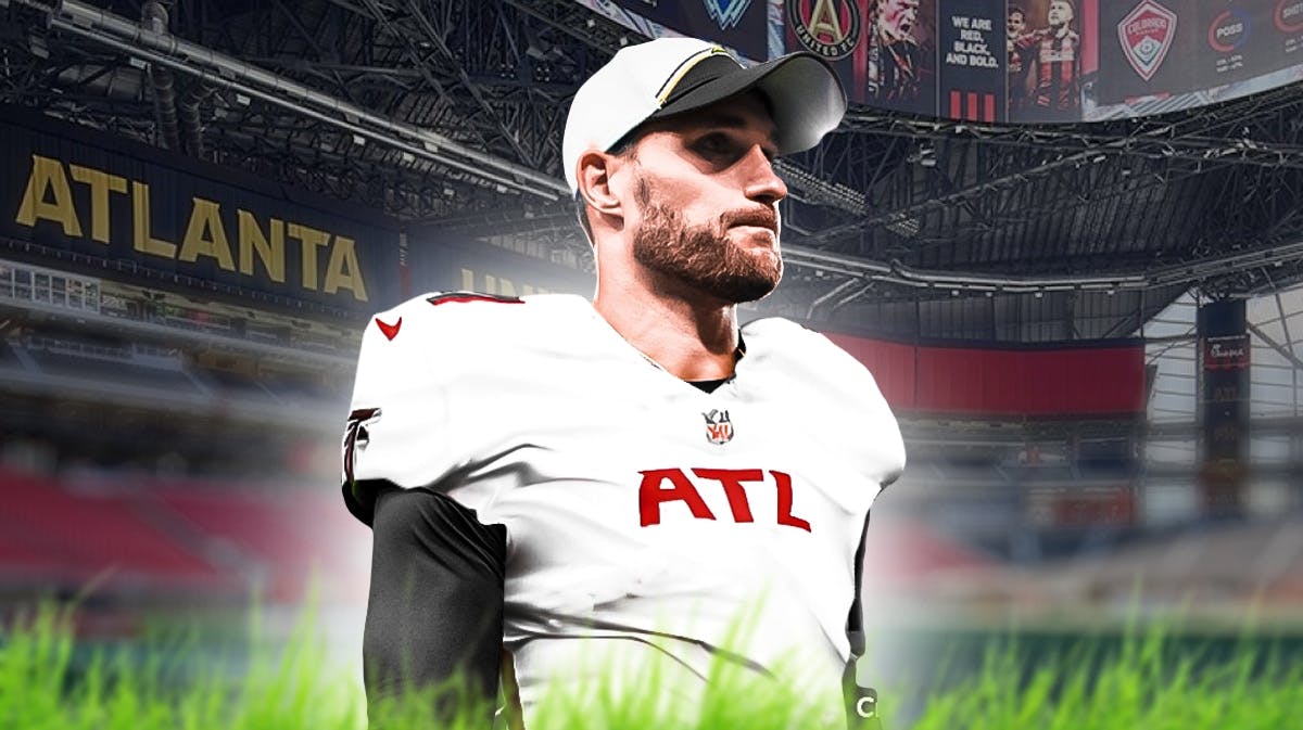 Kirk Cousins in Falcons uniform and Mercedes-Benz Stadium in the background