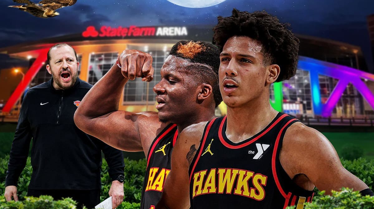 Hawks' Clint Capela and Jalen Johnson flexing huge muscles, with Knicks' Tom Thibodeau looking angry