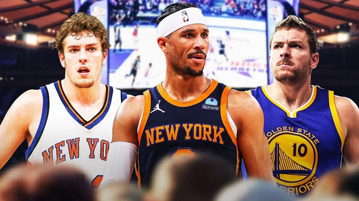 Josh Hart alongside David Lee with the Knicks arena in the background, have David Lee in his 2010 Knicks jersey