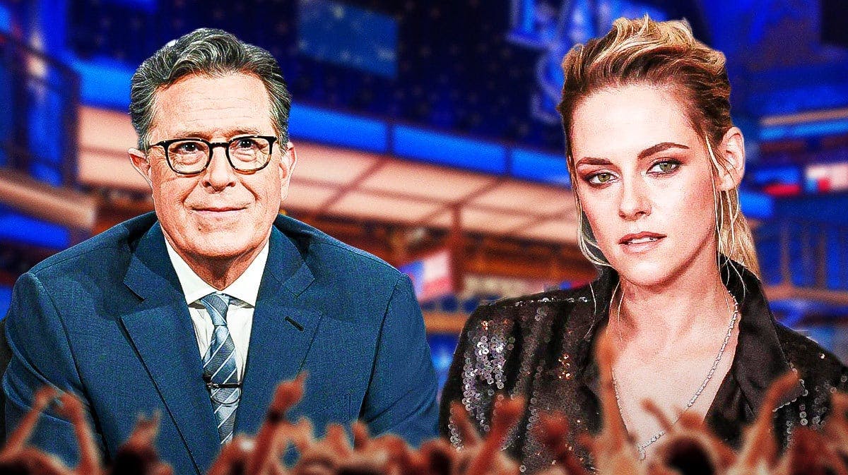 The Late Show with Stephen Colbert logo and Kristen Stewart.