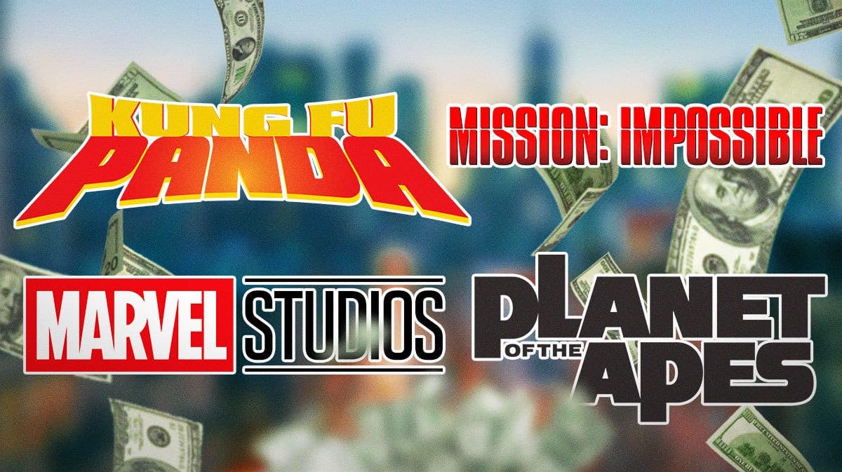 Kung Fu Panda, MCU, Planet of the Apes, and Mission: Impossible logos with money.