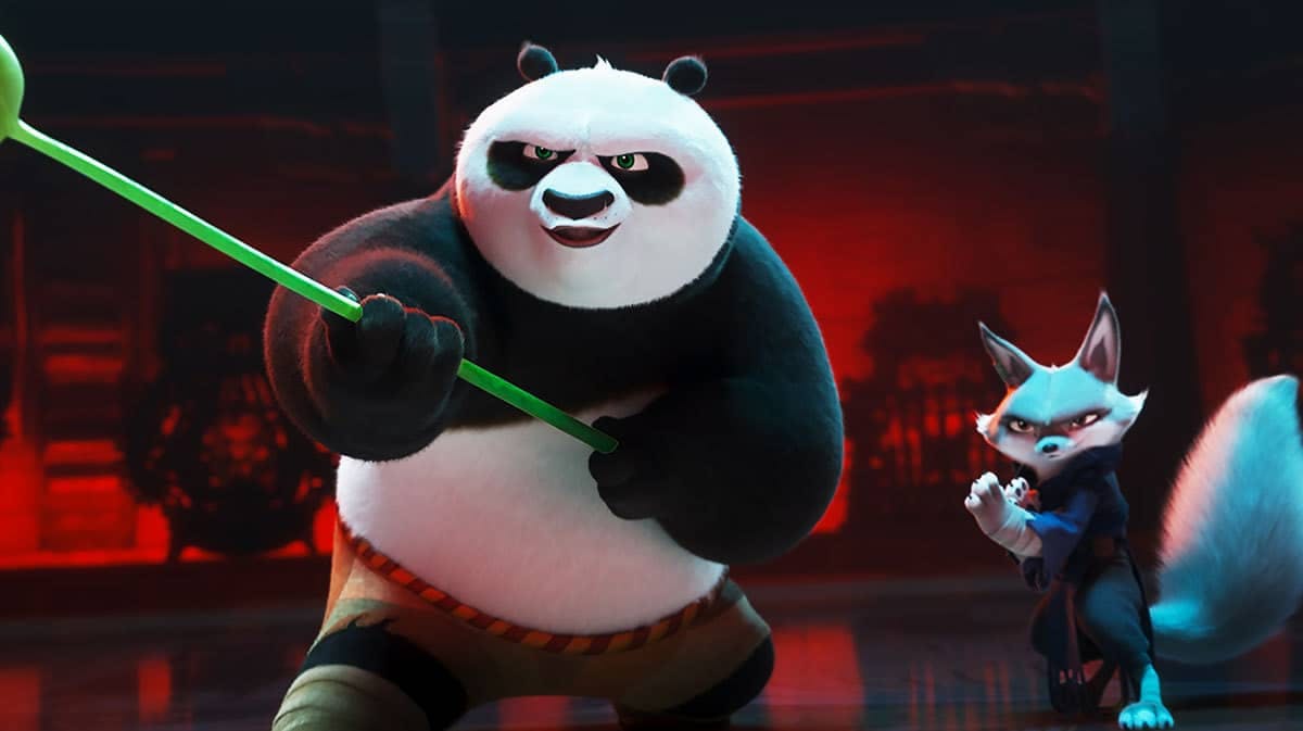 Kung Fu Panda 4 still with Po (Jack Black) and Zhen (Awkwafina).