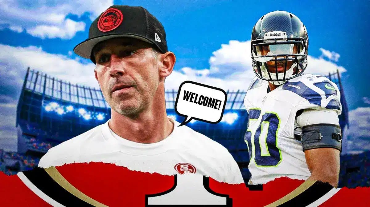 Kyle Shanahan on one side with a speech bubble that says “Welcome!” K.J. Wright on the other side