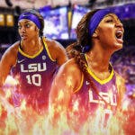 LSU women’s basketball player Angel Reese, with flames around her