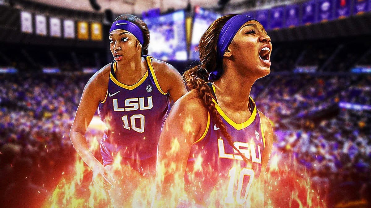LSU women’s basketball player Angel Reese, with flames around her