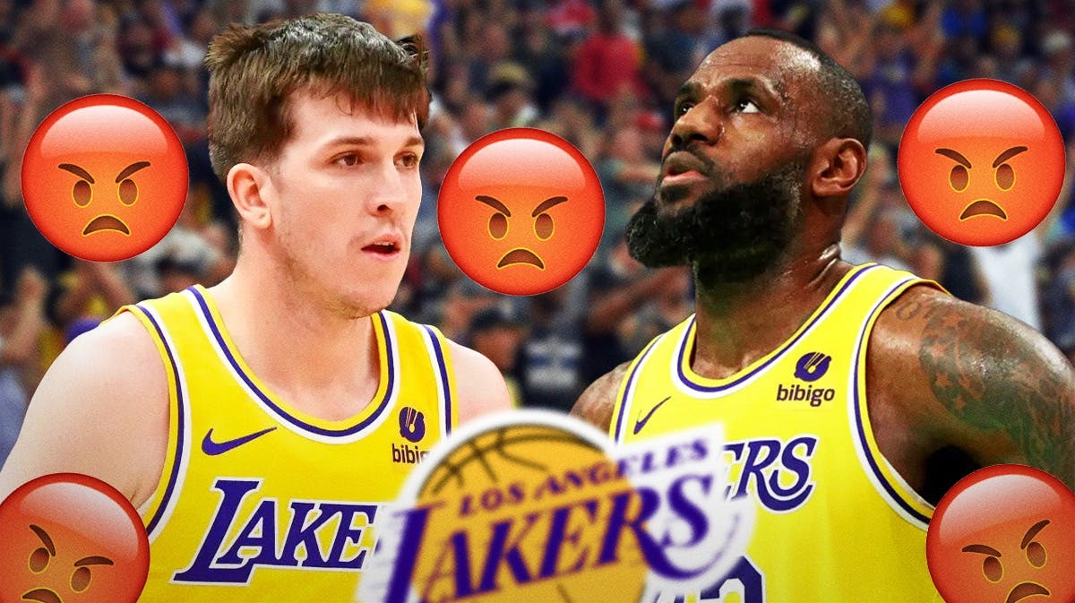 Lakers' Austin Reaves and LeBron James looking serious with angry emojis around them