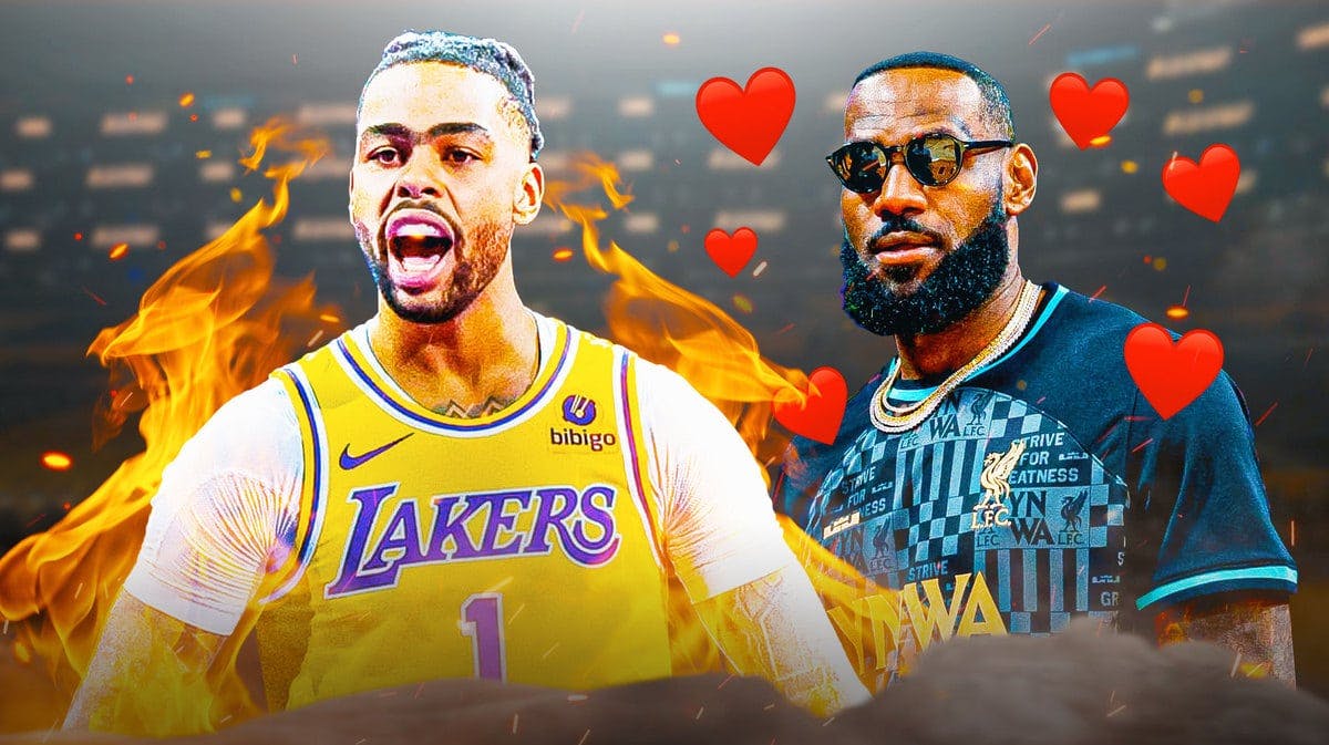 Lakers' D’Angelo Russell hyped up and on fire, with LeBron James (in casual clothes) looking at Russell, smiling, with hearts all over LeBron