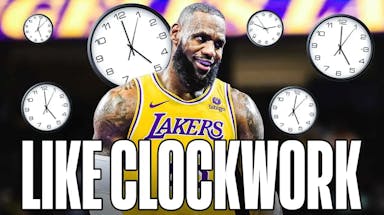Lakers' LeBron James with plenty of clocks around him, with caption below: LIKE CLOCKWORK
