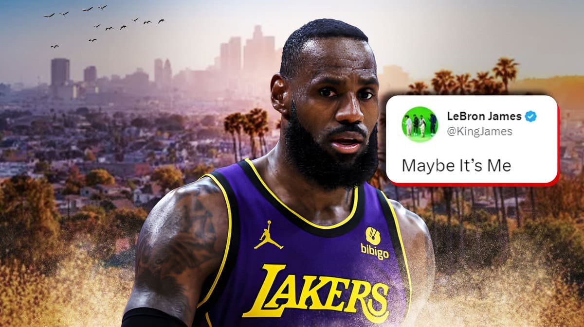 Lakers' LeBron James sad, with his Maybe It’s Me tweet beside him