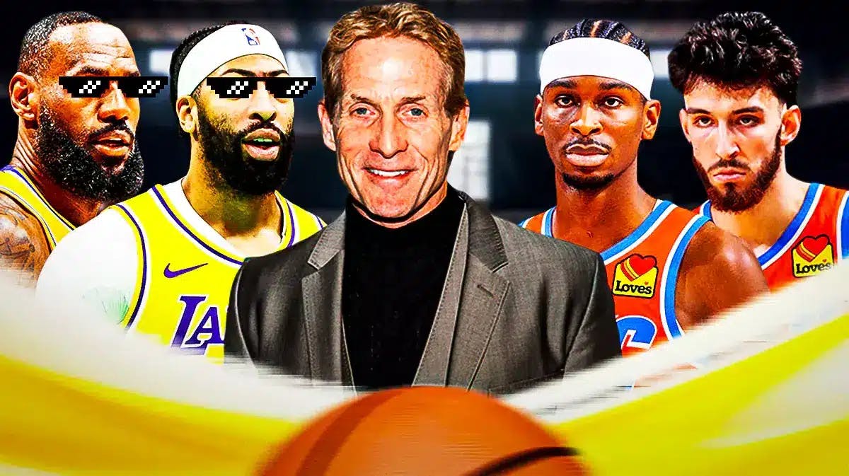 Skip Bayless in the middle, with Lakers' LeBron James and Anthony Davis on the left with the thug life shades on, and on Bayless' right are Thunder’s Shai Gilgeous-Alexander and Chet Holmgren looking scared